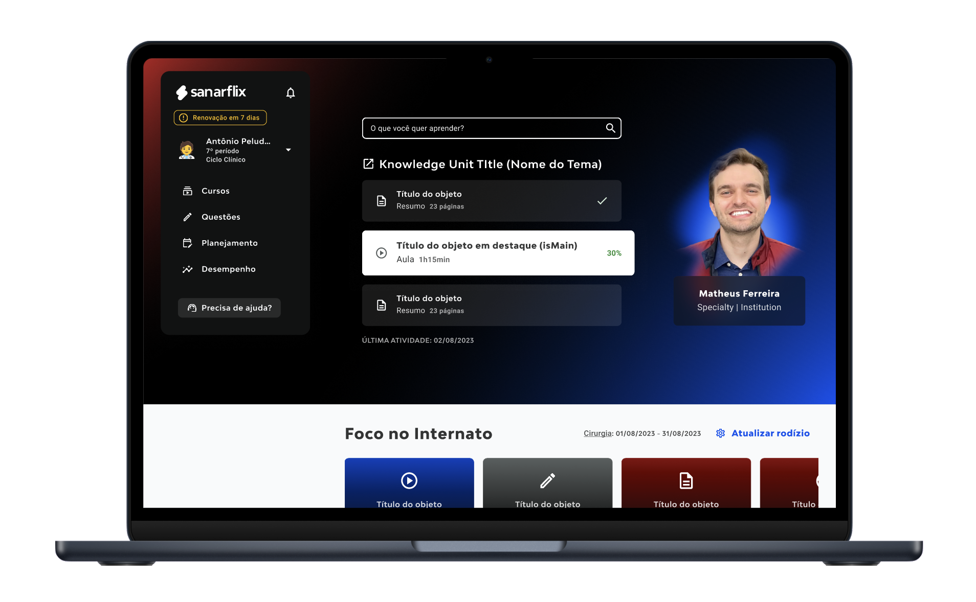 SanarFlix virtual classroom interface showing knowledge unit navigation, student progress, and course content